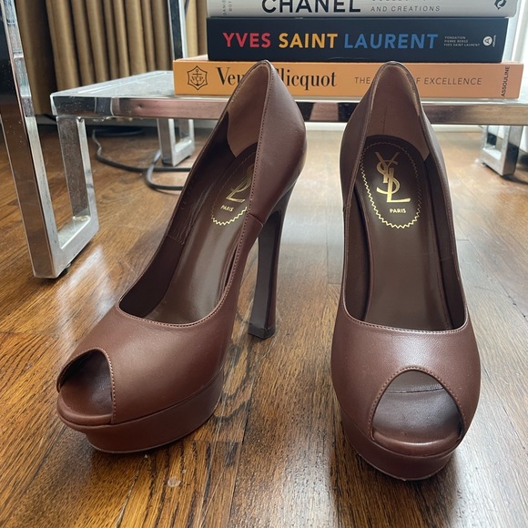 Yves Saint Laurent Leather Peep Toe Heels - Picture 1 of 12